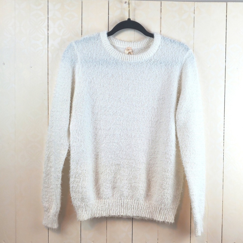 Ashley by 26 International White Eyelash Knit Fuzzy Sweater Crewneck Recycled